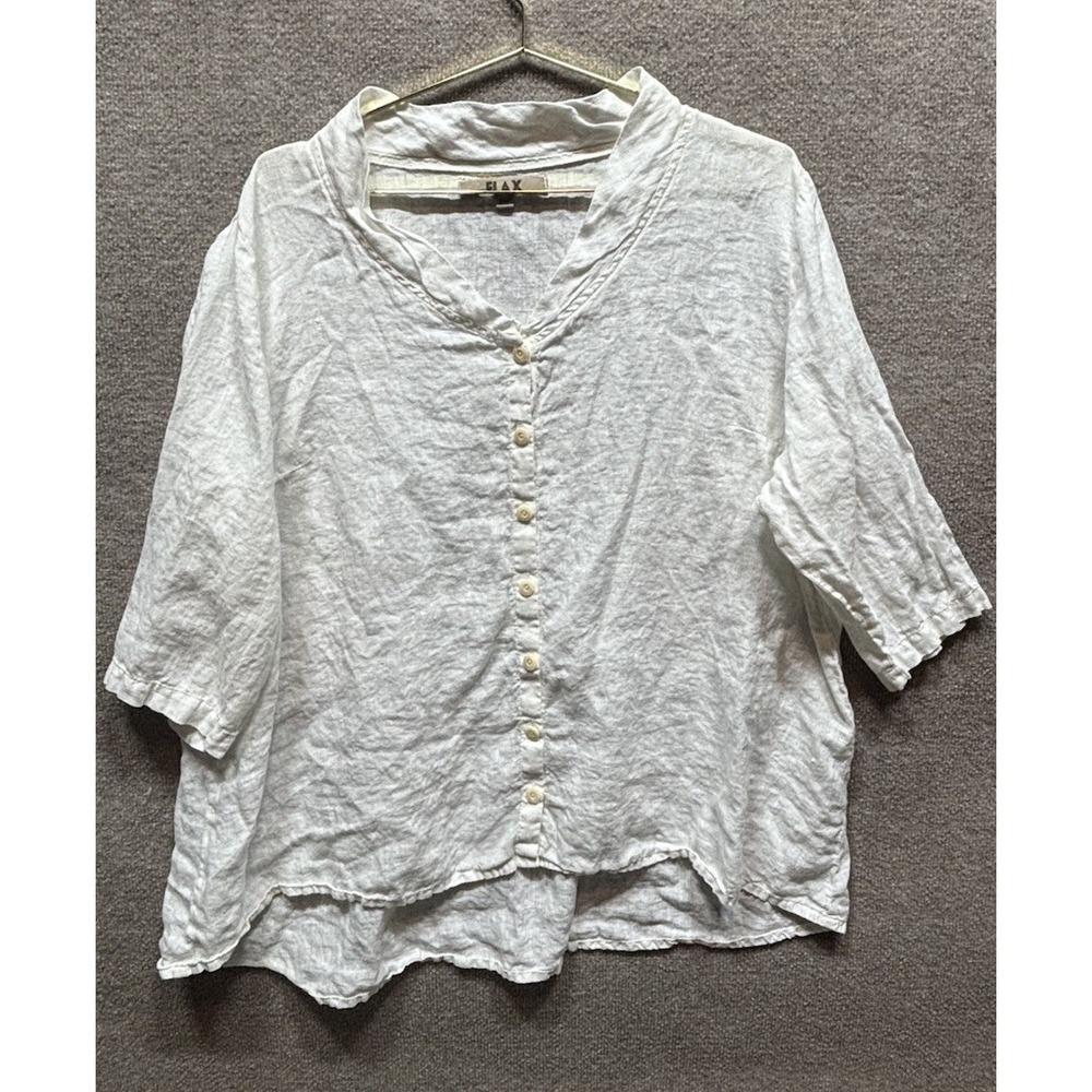 Flax Button Down Shirt Womens Short Sleeve 2G White Relaxed Fit Linen Gauze EUC